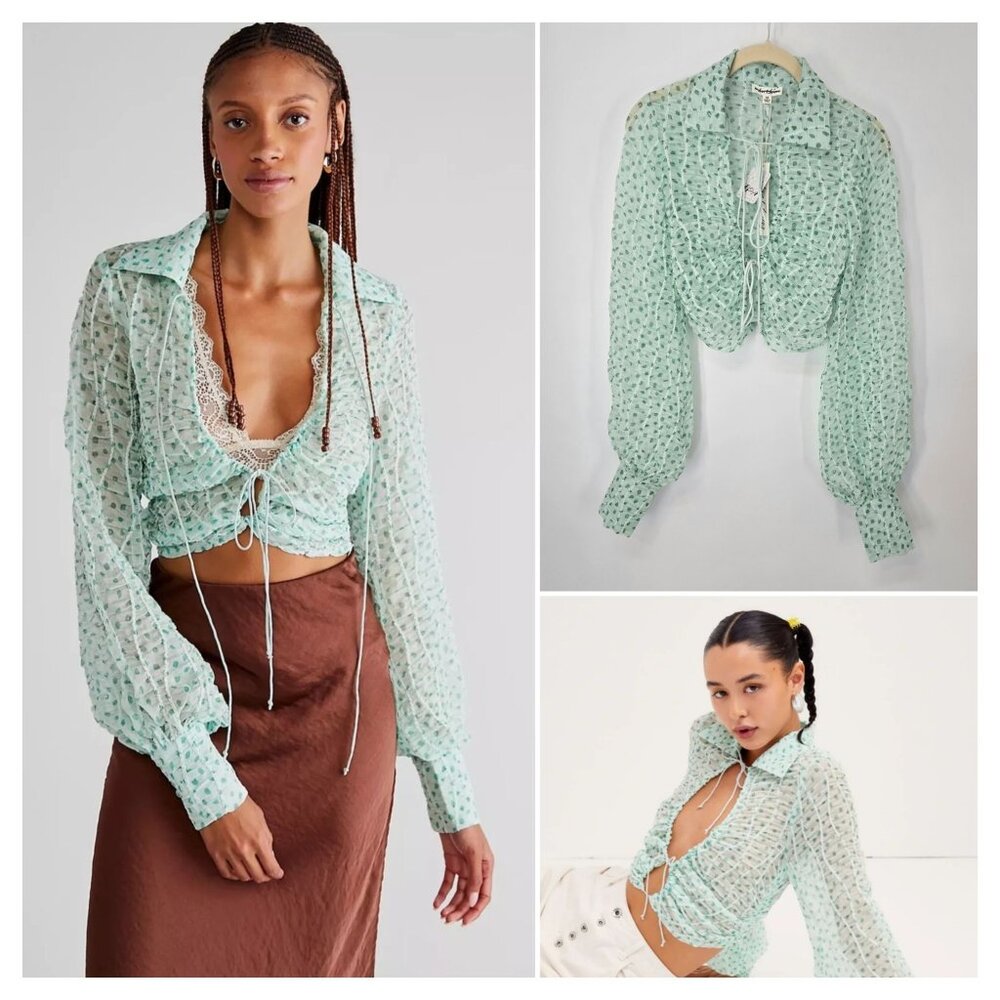 Free People For Love & Lemons Green Sheer Drea Crop Top Boho Women's Size XS NEW